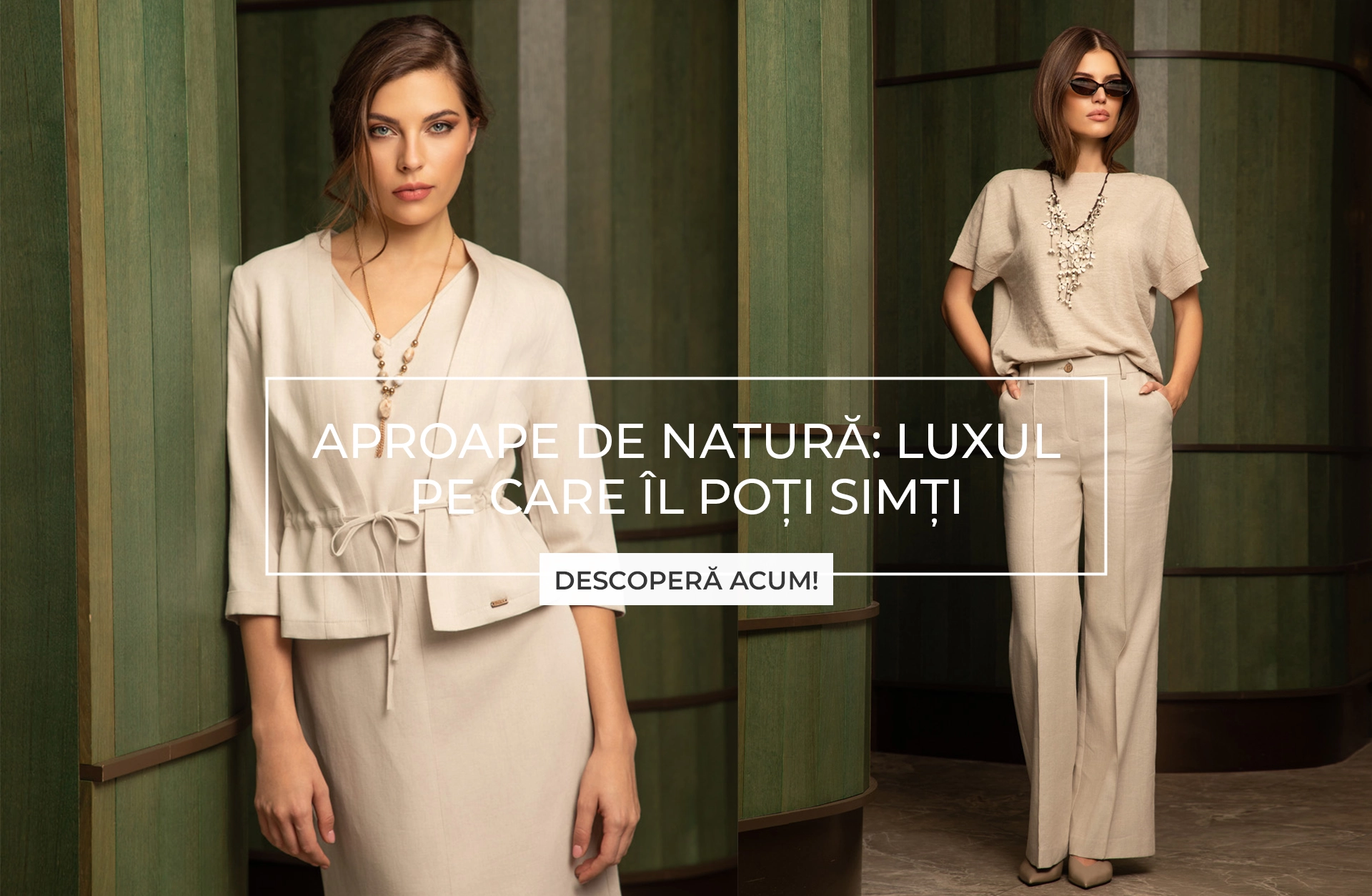 Colecție capsulă din in și bumbac în tonuri naturale de bej și pământ, design minimalist sustenabil