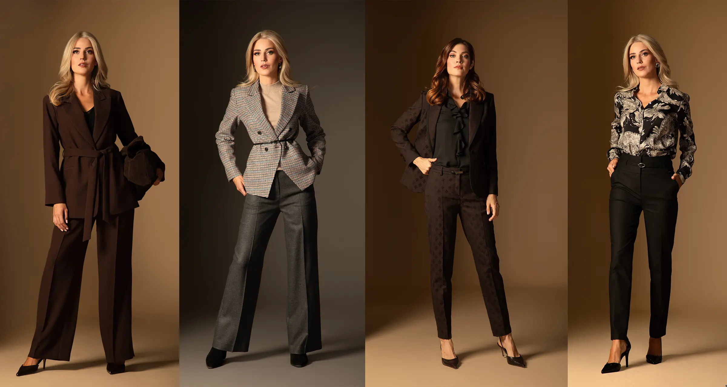 Бизнес панталони с широки крачоли, прави и с шарки.