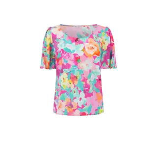 Bluză de vară cu motiv floral în albastru-ciclamen | Bluze si Camasi