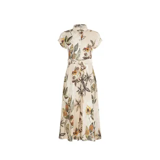 Long beige shirt dress with short sleeves and a floral pattern | 