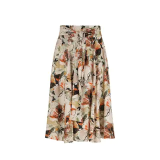 Long beige skirt with floral print and a flared silhouette | Linen