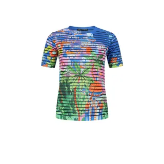 Striped knit blouse with an architectural landscape in a blue-orange-green range | 