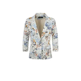 Jachetă de vară din bumbac, mâneci 3/4, cu rever și model floral albastru deschis | 