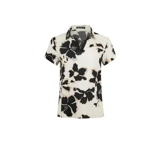 Viscose blouse with short sleeves and an open collar, featuring a contrasting floral pattern | 