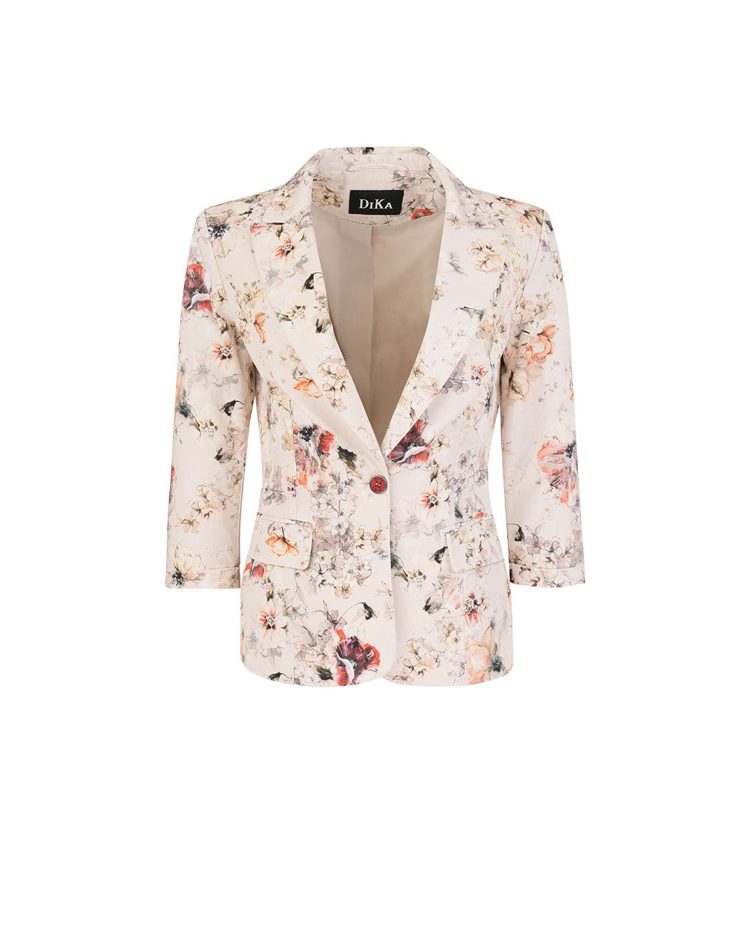 Summer cotton single-breasted 7/8 sleeve blazer with lapel & red-orange floral pattern | COLLECTION