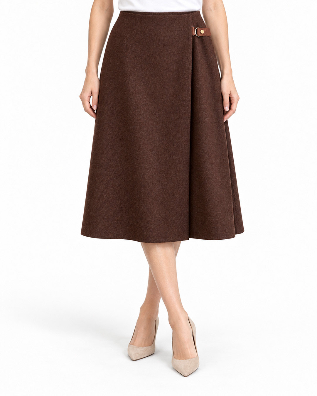 Brown wool midi skirt with a decorative buckle | Skirts and Shorts - 1
