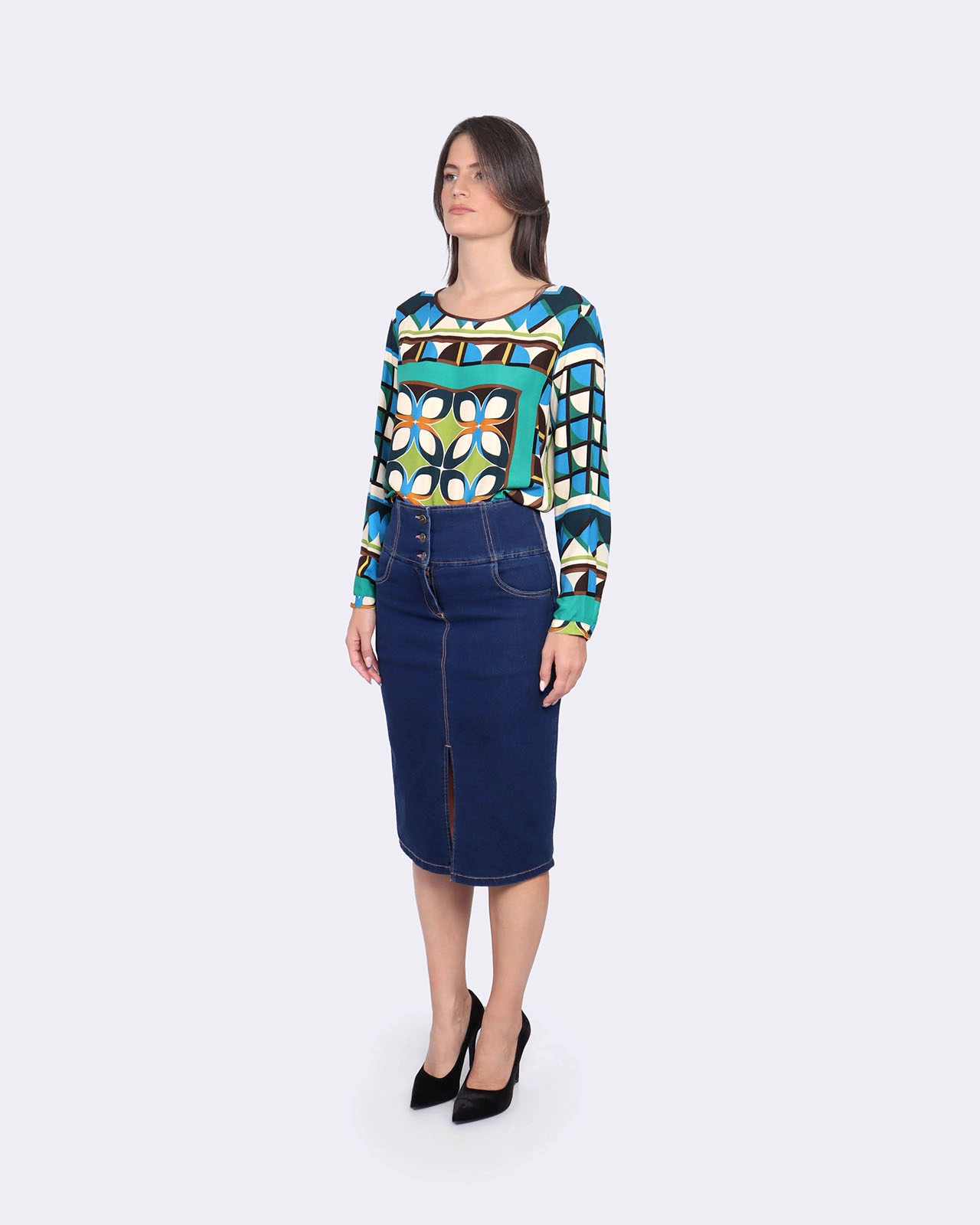 High-waited denim skirt |  - 3