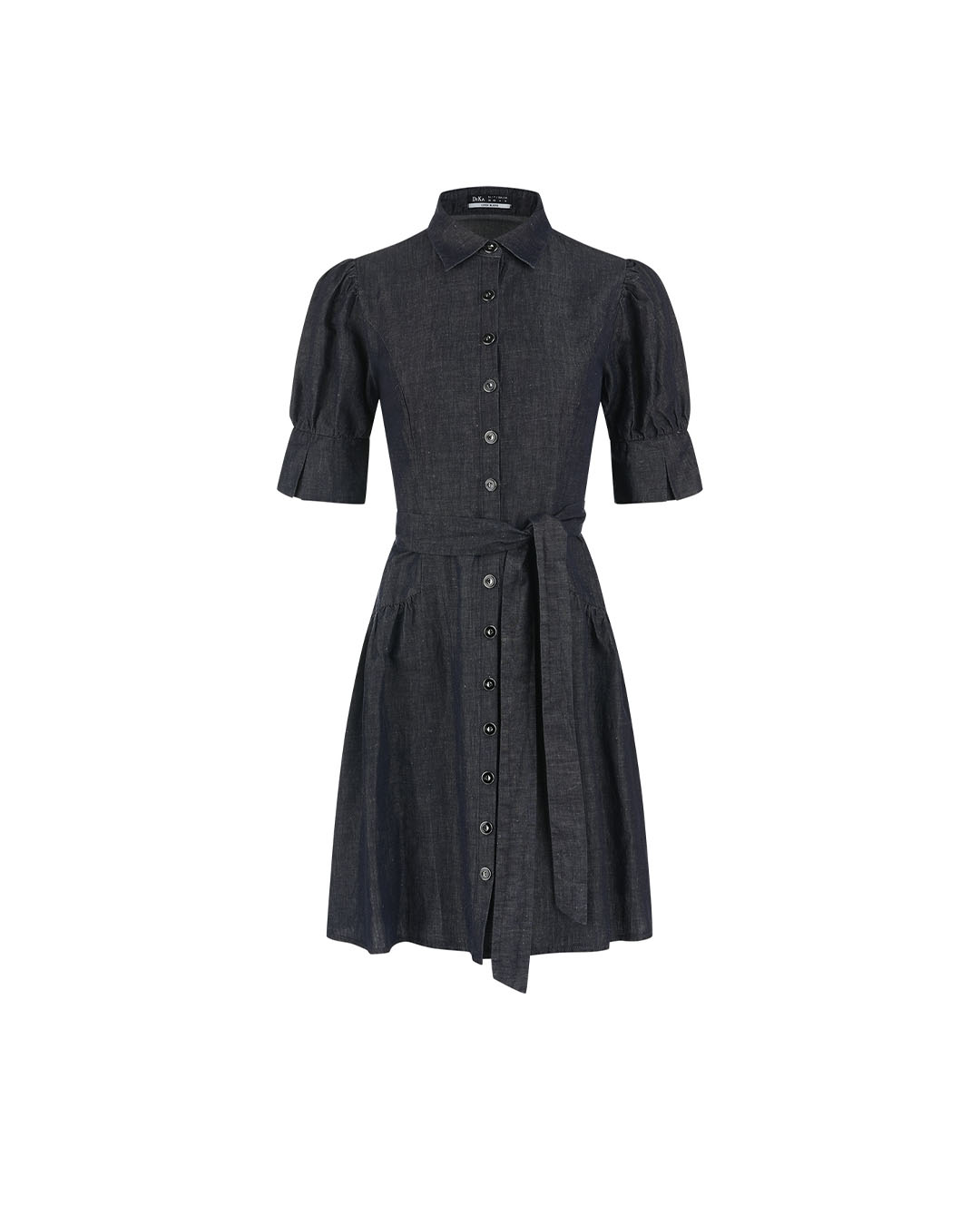 Spring blue shirt dress made of cotton and linen with puff sleeves and a defined waist | Dresses
