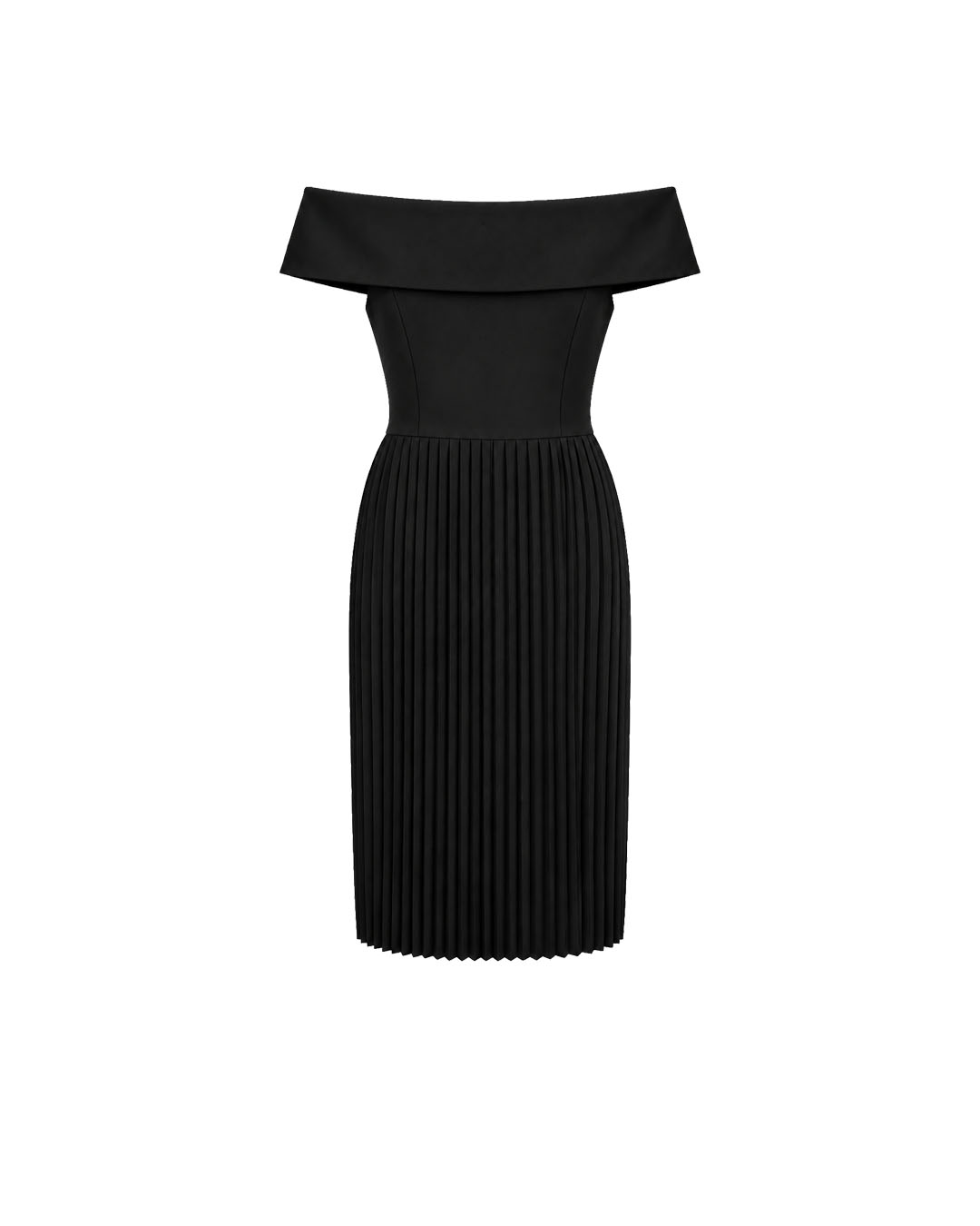 Rochie neagră cu umerii goi și fustă plisată | Rochii
