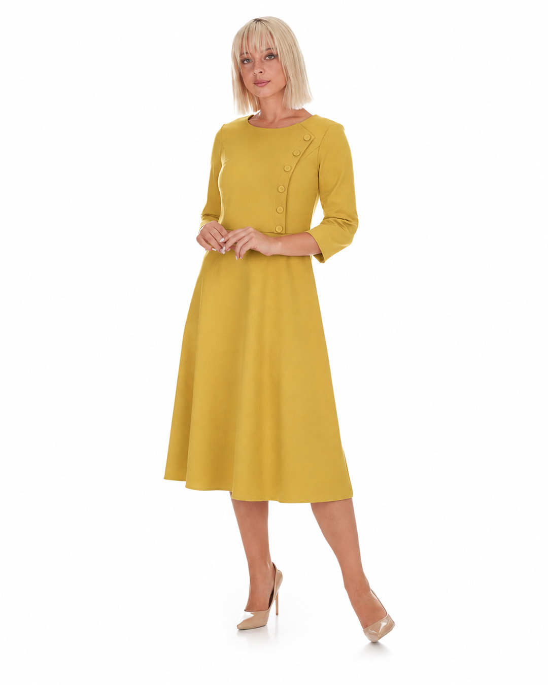 Rochie galbenă cu fustă evazată și nasturi decorativi | Rochii - 1