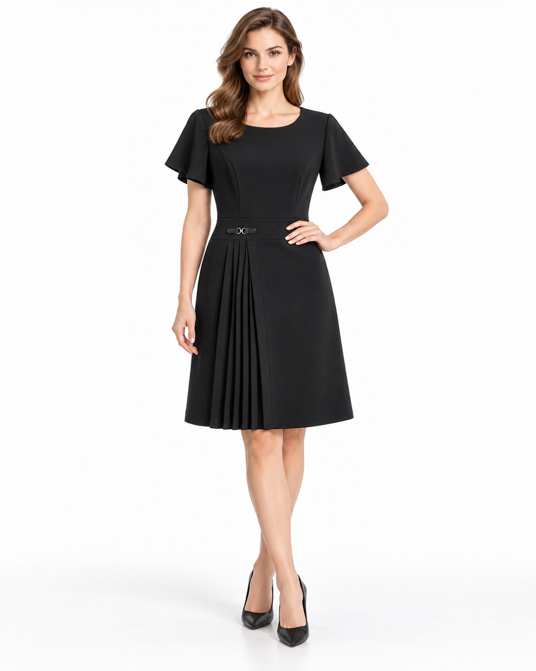 Elegant black dress with a clean silhouette and pleated detail | Dresses | Dikastore.ro - 1 Elegant black dress with a clean silhouette and pleated detail | Dresses - 1