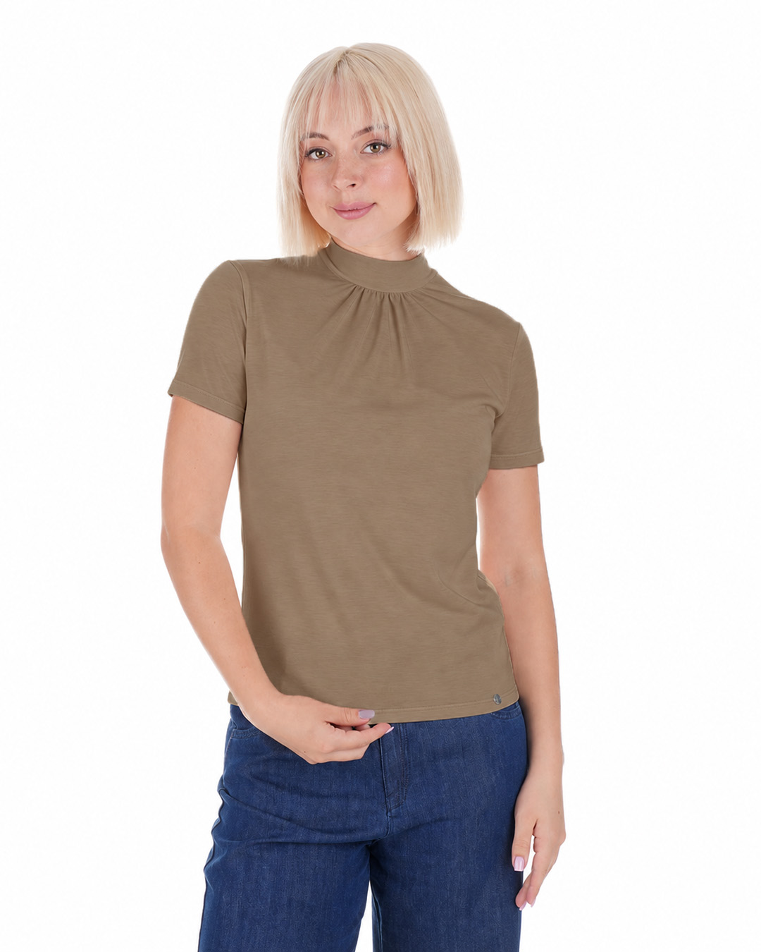 Beige short-sleeve blouse with delicate gathering at the collar | T-shirts and Tops - 1