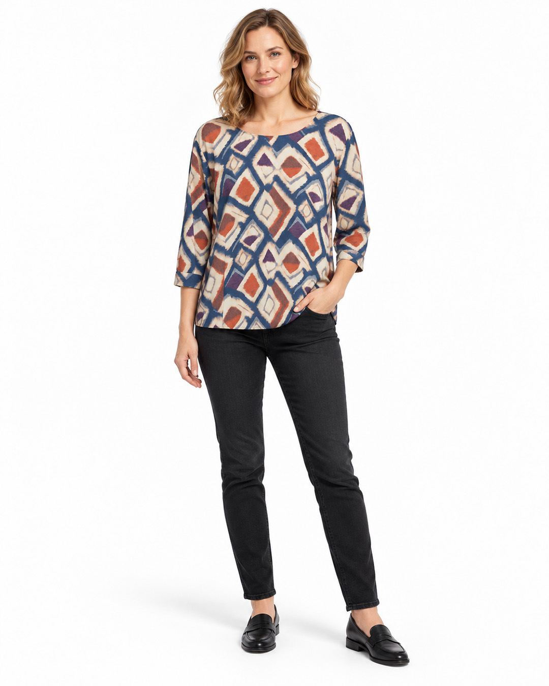 Rayon and viscose blouse with a contrasting geometric print | Blouses - 1