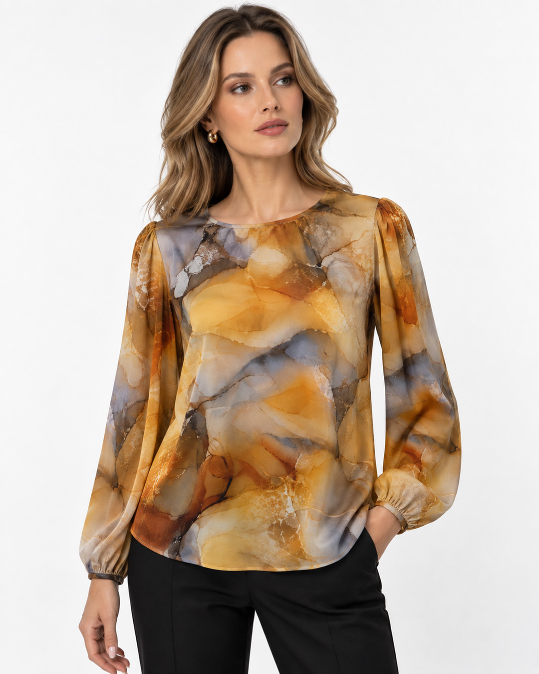 Women’s blouse in rayon and viscose with an artistic print in earthy tones | Blouses - 1