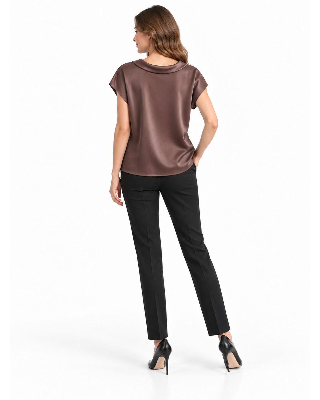 Satin short-sleeve blouse in dark brown | Blouses | Dika.bg - 1 Satin short-sleeve blouse in dark brown | Blouses - 1