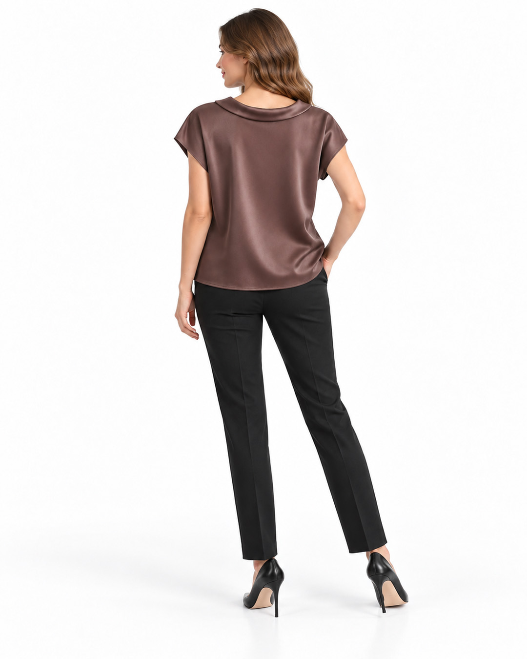 Satin short-sleeve blouse in dark brown | Blouses | Dika.bg - 2 Satin short-sleeve blouse in dark brown | Blouses - 2
