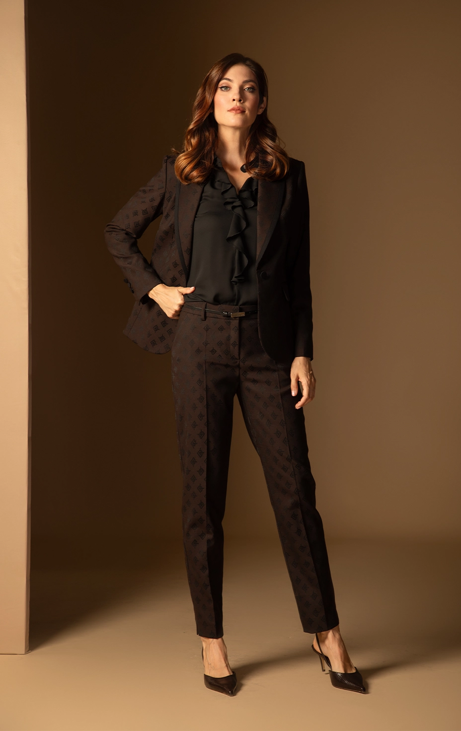 Dika Shop the Look: Women's patterned jacket, Women's patterned trousers, and Women's ruffle blouse.