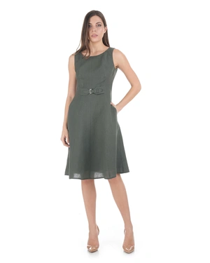 100% linen summer dress with a belt and viscose lining in deep olive green | NEW - 1