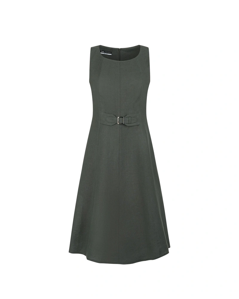 100% linen summer dress with a belt and viscose lining in deep olive green | NEW