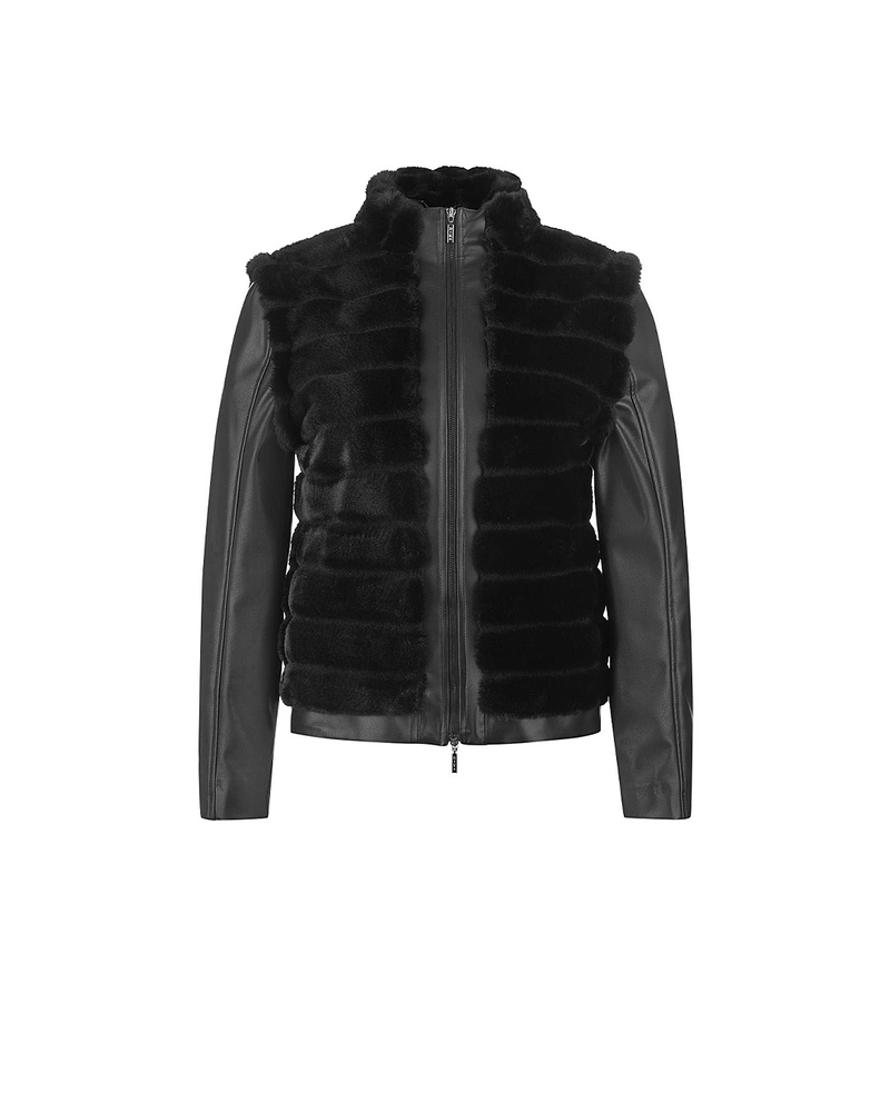 Jachetă de piele neagră cu guler din blană artificială | NOUTATI | Dikastore.ro Jachetă de piele neagră cu guler din blană artificială | NOUTATI