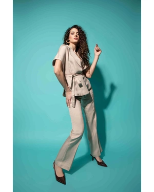 Beige kimono-style blazer with short dropped sleeves and a fabric belt to accentuate the silhouette | All products | Dika.bg - 3 Beige kimono-style blazer with short dropped sleeves and a fabric belt to accentuate the silhouette | All products - 3