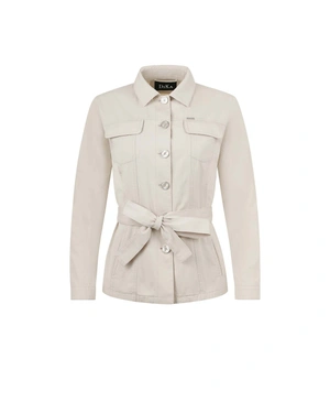 Cotton cargo blazer with long sleeves, in natural cotton color, with front fastening and fabric belt | SUMMER COLLECTION | Dikastore.ro Cotton cargo blazer with long sleeves, in natural cotton color, with front fastening and fabric belt | SUMMER COLLECTION