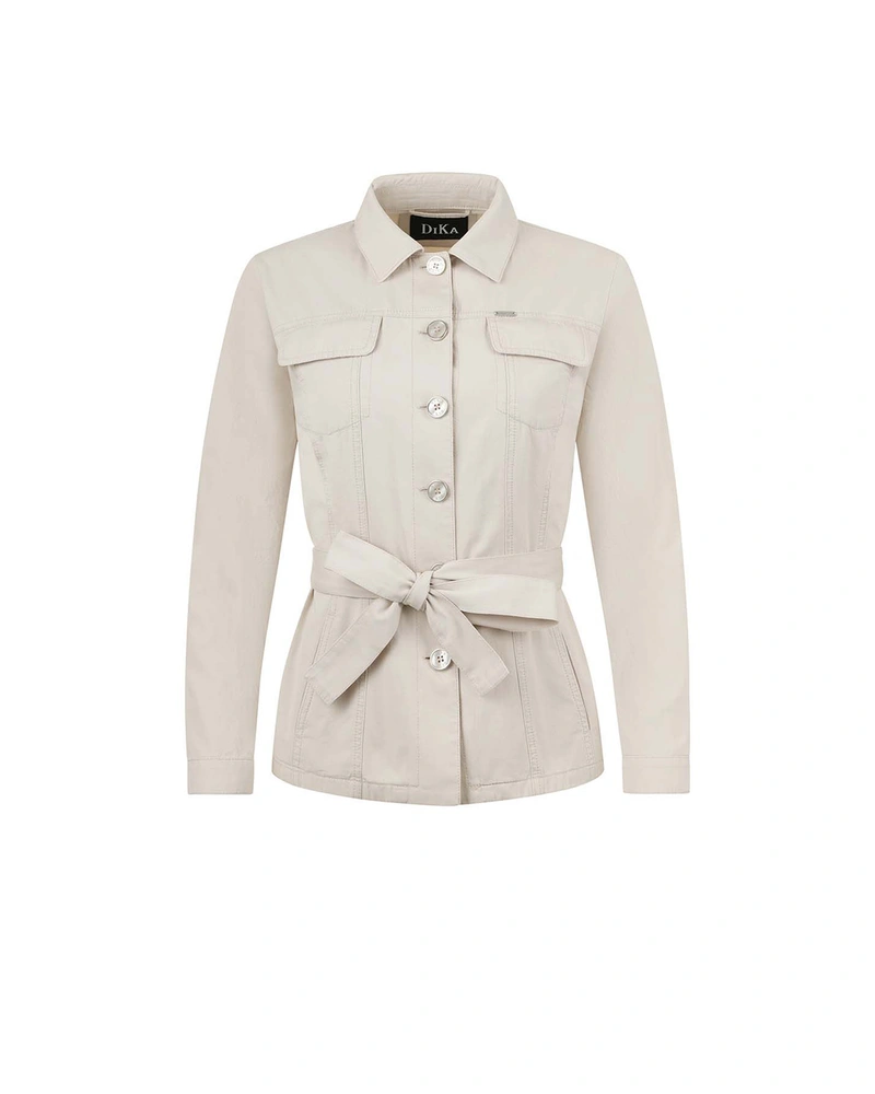 Cotton cargo blazer with long sleeves, in natural cotton color, with front fastening and fabric belt | 