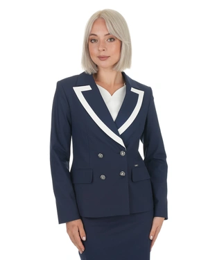 მუქი ლურჯი ორბორტიანი ბიზნეს პიჯაკი თეთრი ზოლით საყელოზე | ქურთუკები და პიჯაკები - 4