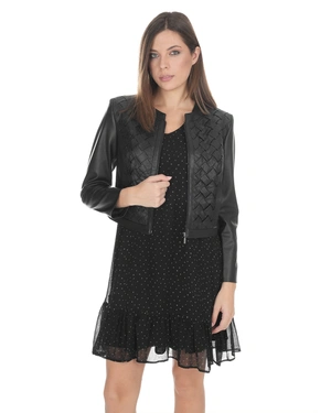 Jachetă elegantă din piele ecologică neagră cu bretele împletite | Sacouri - 4