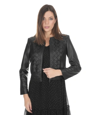 Jachetă elegantă din piele ecologică neagră cu bretele împletite | Sacouri - 5