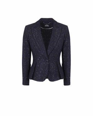 ერთრიგიანი პიჯაკი პეპლუმით, შავი ბამბის ტვიდი დახვეწილი ბრჭყვიალა დეტალებით. | ახალი