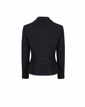 ერთრიგიანი პიჯაკი პეპლუმით, შავი ბამბის ტვიდი დახვეწილი ბრჭყვიალა დეტალებით. | ახალი - 5