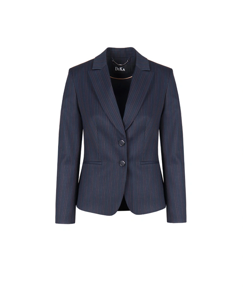 ელეგანტური მუქი ლურჯი საქმიანი პიჯაკი საყელოთი და ერთმკერდიანი შესაკრავით, ძალიან წვრილი ზოლებით | ქურთუკები და პიჯაკები