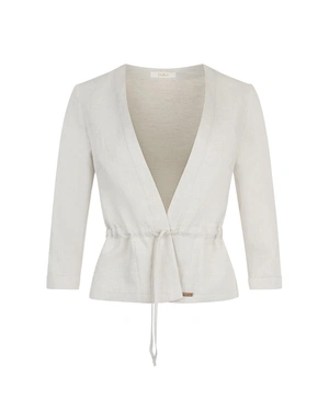 Jacket from cotton and linen, collarless, with a deep V-neckline and waist tie in natural tone | Close to nature | Dika.rs Jacket from cotton and linen, collarless, with a deep V-neckline and waist tie in natural tone | Close to nature
