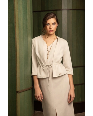 Jacket from cotton and linen, collarless, with a deep V-neckline and waist tie in natural tone | Close to nature | Dika.rs - 1 Jacket from cotton and linen, collarless, with a deep V-neckline and waist tie in natural tone | Close to nature - 1