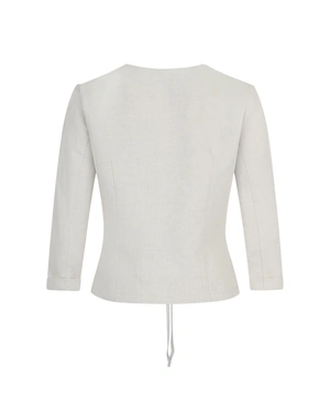 Jacket from cotton and linen, collarless, with a deep V-neckline and waist tie in natural tone | Close to nature | Dika.rs - 2 Jacket from cotton and linen, collarless, with a deep V-neckline and waist tie in natural tone | Close to nature - 2