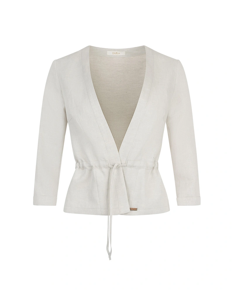 Jacket from cotton and linen, collarless, with a deep V-neckline and waist tie in natural tone | Pure cotton and linen collection