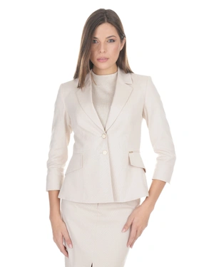 ტექსტურირებული ქსოვილისგან დამზადებული ერთმკერდიანი ღია კრემისფერი პიჯაკი. | კოსტუმები - 1