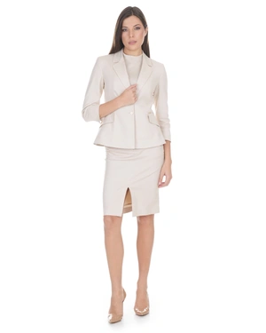 ტექსტურირებული ქსოვილისგან დამზადებული ერთმკერდიანი ღია კრემისფერი პიჯაკი. | კოსტუმები - 3