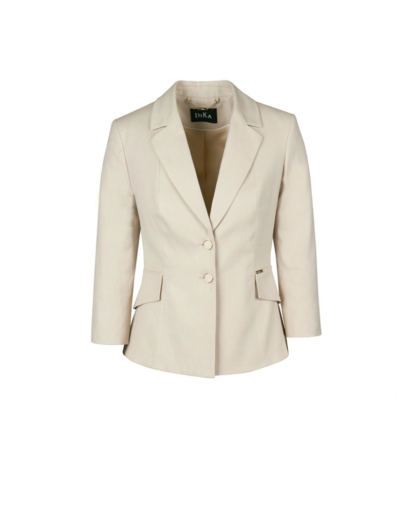 ტექსტურირებული ქსოვილისგან დამზადებული ერთმკერდიანი ღია კრემისფერი პიჯაკი. | კოსტუმები