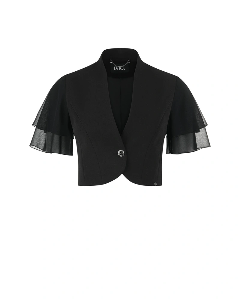 Black bolero jacket with a fitted silhouette and ruffled sleeve details | Jackets and Blazers