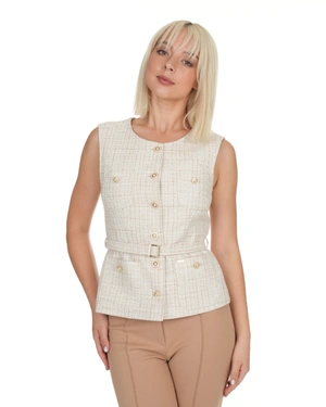 ბიზნეს ტვიდი ჟილეტი თეთრი და ბეჟი ფერის , დეკორატიული ოქროსფერი ღილებით | კოლექცია წვეულებისთვის - 6