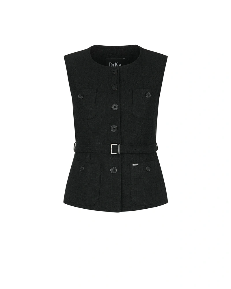 Business vest in black tweed with lurex thread and decorative gold buttons | 