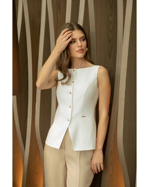 თეთრი სელისა და ვისკოზის ჟილეტი დეკორატიული ღილებით | ქურთუკები და პიჯაკები - 5