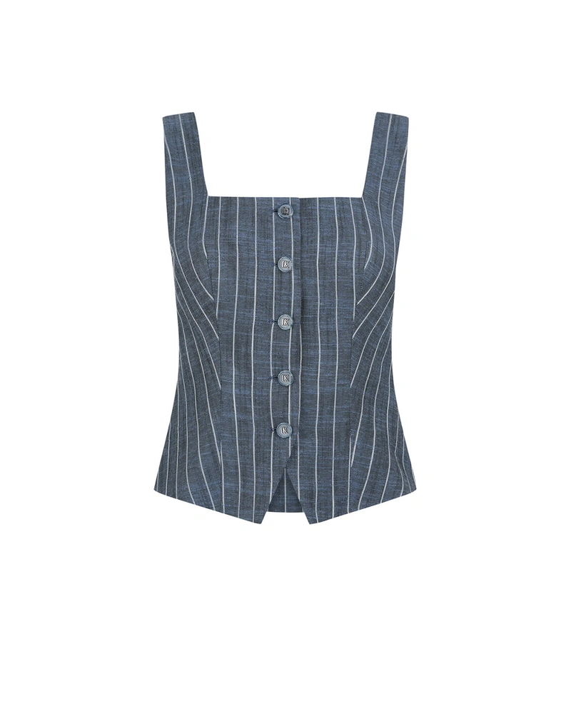 Blue striped fitted viscose-linen tailored vest | Jackets and Blazers