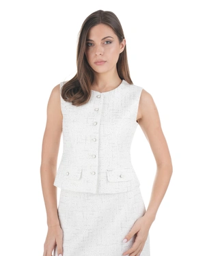Elegant sleeveless waistcoat-style jacket in white cotton tweed with fine sequins | NEW - 1
