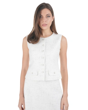 Elegant sleeveless waistcoat-style jacket in white cotton tweed with fine sequins | NEW - 2