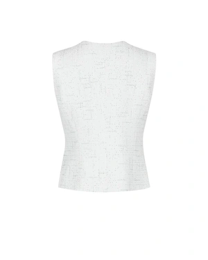 Elegant sleeveless waistcoat-style jacket in white cotton tweed with fine sequins | NEW - 5