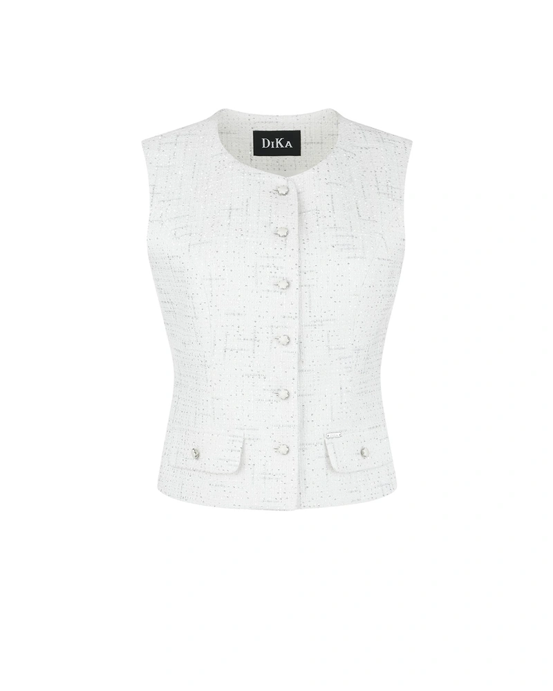 Elegant sleeveless waistcoat-style jacket in white cotton tweed with fine sequins | NEW