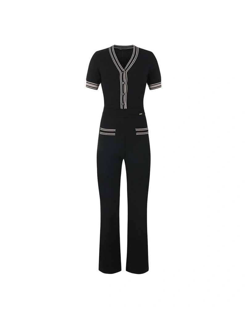 Черен трикотажен гащеризон с контрастни бежови детайли | Гащеризони